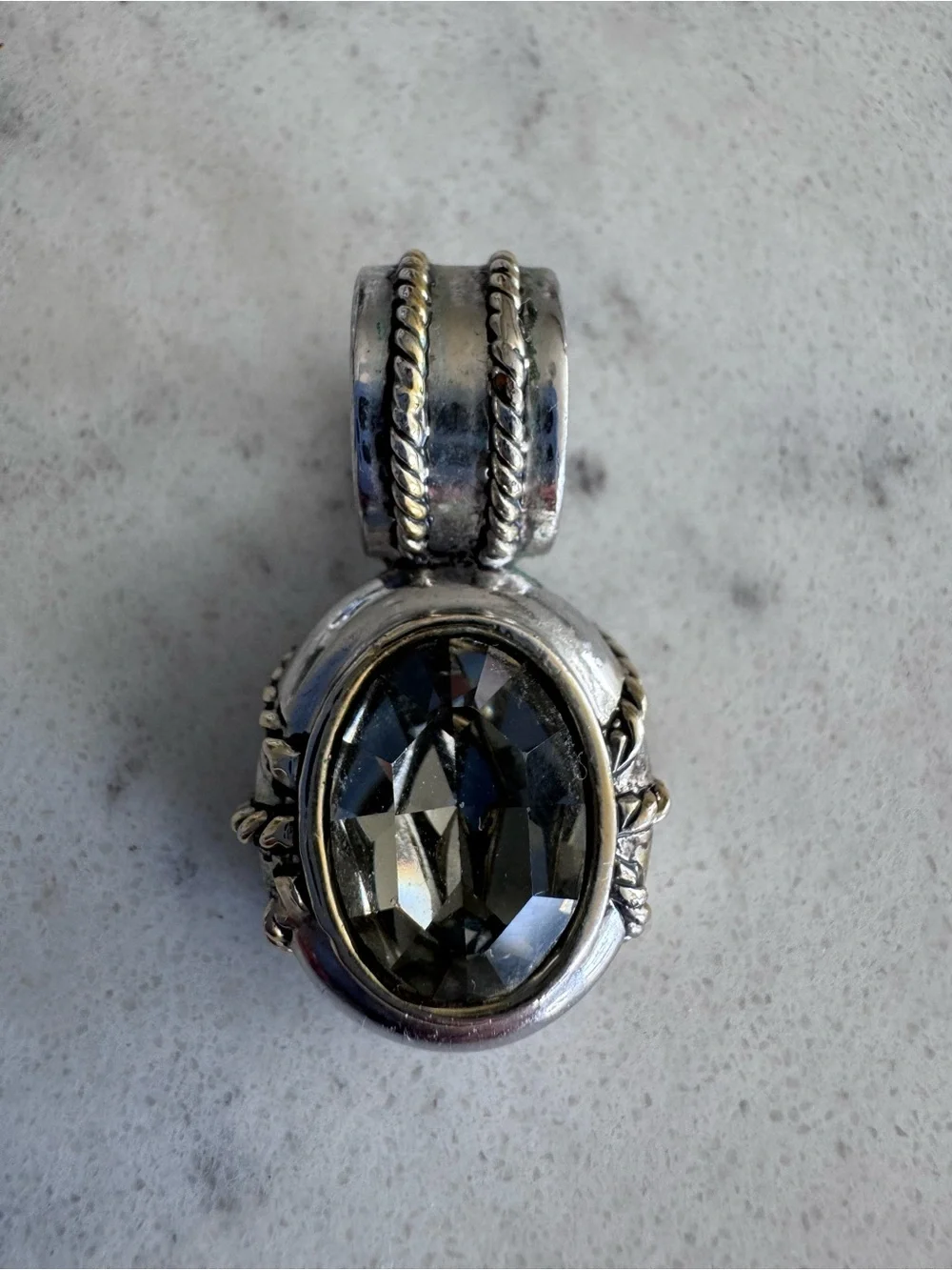 Vintage! Large Silver-Tone Pendant with Faceted Green Crystal and Cable Braids